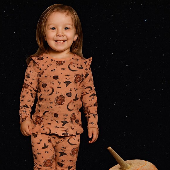 Pumpkin & Bats Halloween Pajama Set | Girls Ruffle Sleeve Nightwear - Picture 2 of 4